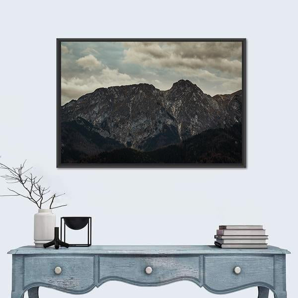 Giewont Peak in Tatra Mountains Canvas Wall Art in gray, brown and blue, framed canvas, product view on a white background