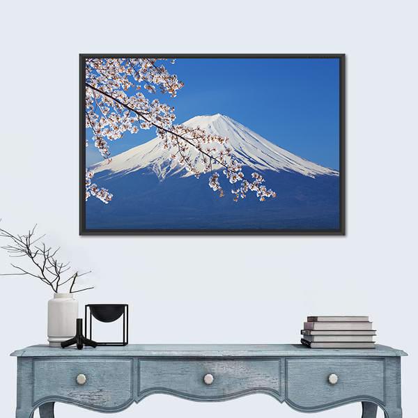 Mount Fuji with Cherry Blossoms in Spring Canvas Wall Art in white and blue, framed canvas, product view on a white background