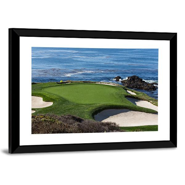 Pebble Beach Golf Course Artwork Canvas Wall Art in green and blue, framed print, product view on a white background
