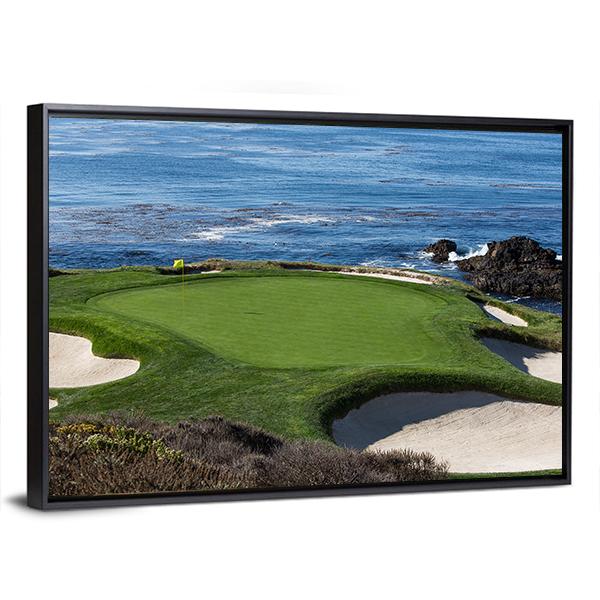 Pebble Beach Golf Course Artwork Canvas Wall Art in green and blue, framed canvas, product view on a white background