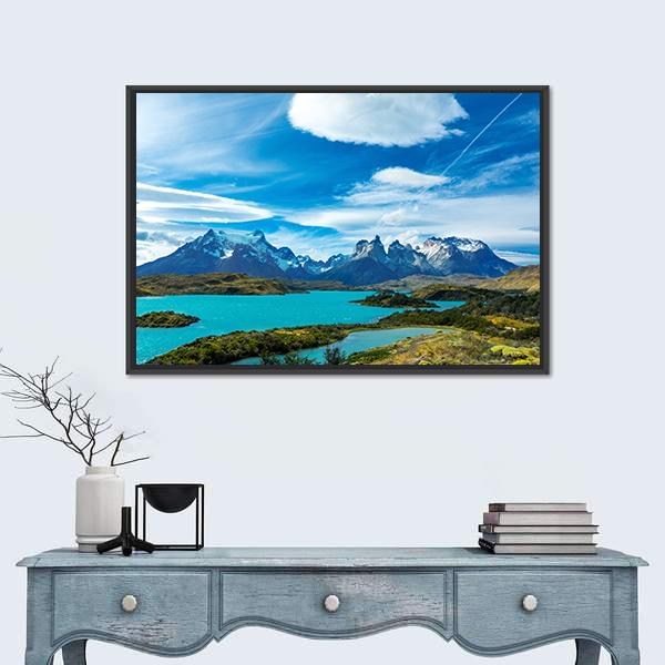 Pehoe Lake And Guernos Mountains Canvas Wall Art-1 Piece-Floating Frame-24" x 16"-Tiaracle