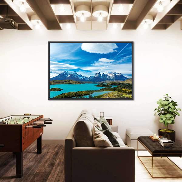 Pehoe Lake And Guernos Mountains Canvas Wall Art-3 Horizontal-Gallery Wrap-25" x 16"-Tiaracle