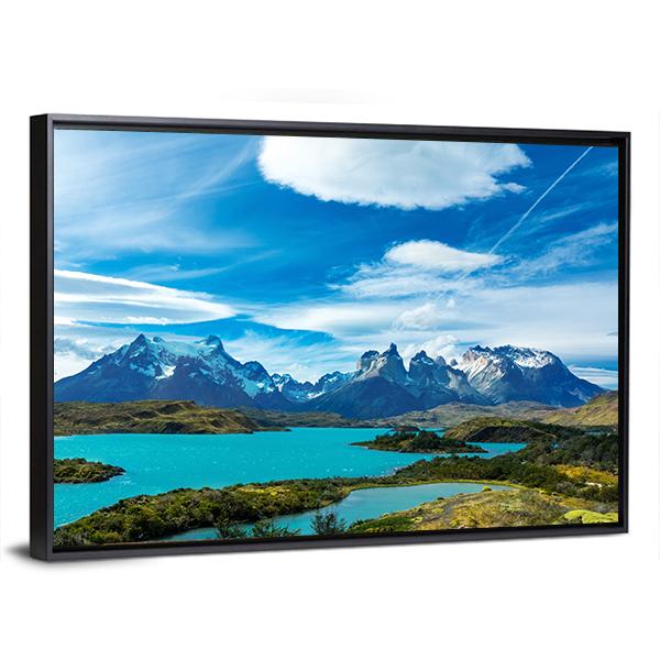 Pehoe Lake And Guernos Mountains Canvas Wall Art-5 Horizontal-Gallery Wrap-22" x 12"-Tiaracle