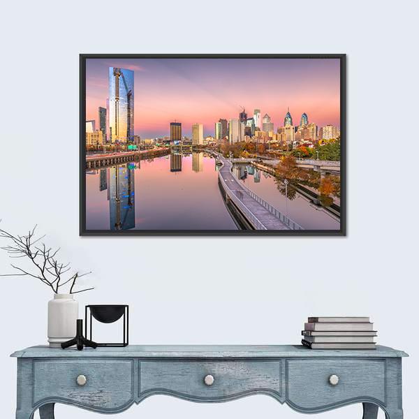 Pennsylvania Downtown City Skyline On Schuylkill River Canvas Wall Art-1 Piece-Floating Frame-24" x 16"-Tiaracle