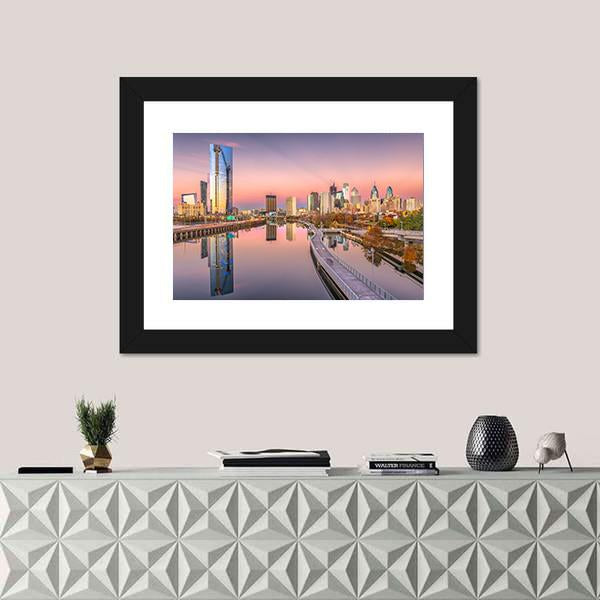 Pennsylvania Downtown City Skyline On Schuylkill River Canvas Wall Art-1 Piece-Framed Print-20" x 16"-Tiaracle