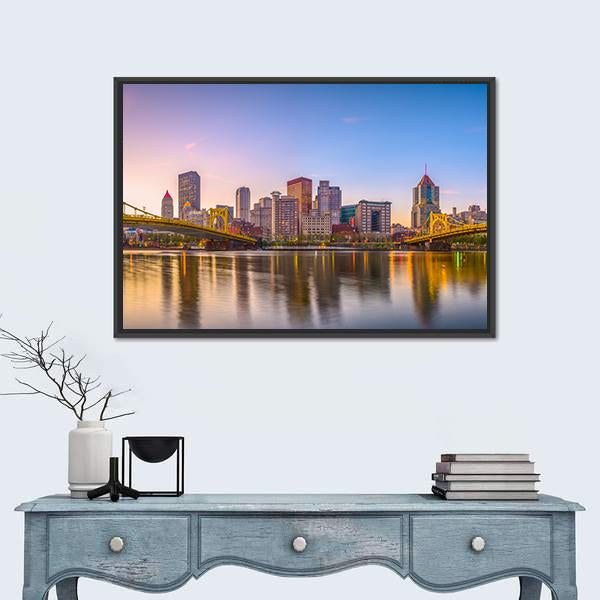 Pennsylvania Skyline On The Allegheny River Canvas Wall Art-3 Horizontal-Gallery Wrap-25" x 16"-Tiaracle
