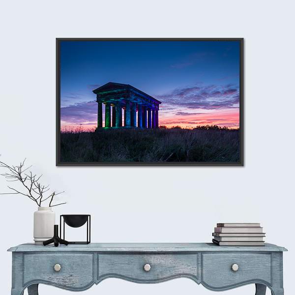 Penshaw Monument at Dusk Canvas Wall Art in blue, purple and pink, framed canvas, product view on a white background