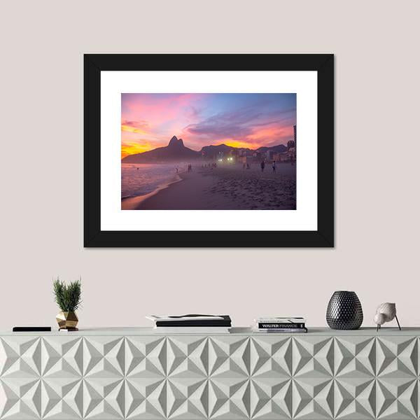 People Enjoy The Ipanema Beach At Sunset Canvas Wall Art-1 Piece-Framed Print-20" x 16"-Tiaracle