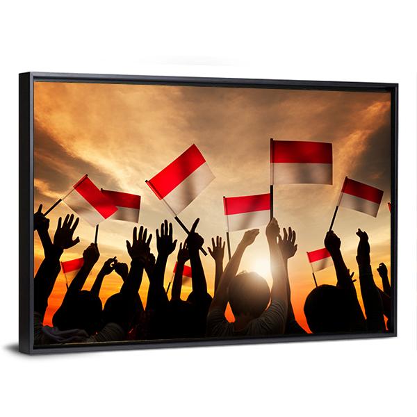 People Holding The Flag Of Indonesia Canvas Wall Art-1 Piece-Floating Frame-36" x 24"-Tiaracle