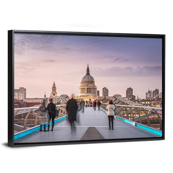 People On Millennium Bridge Canvas Wall Art-1 Piece-Floating Frame-36" x 24"-Tiaracle