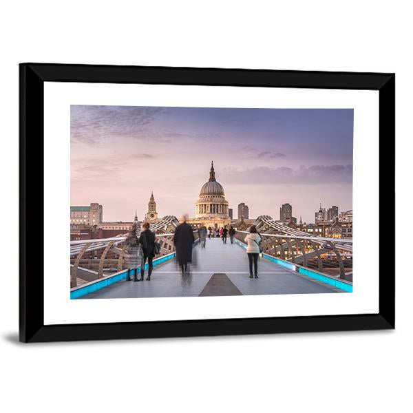 People On Millennium Bridge Canvas Wall Art-1 Piece-Framed Print-30" x 20"-Tiaracle