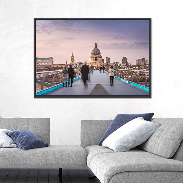 People On Millennium Bridge Canvas Wall Art-5 Horizontal-Gallery Wrap-22" x 12"-Tiaracle