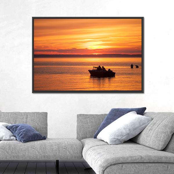 People Sailing In Boat At Sunset Canvas Wall Art-1 Piece-Floating Frame-24" x 16"-Tiaracle