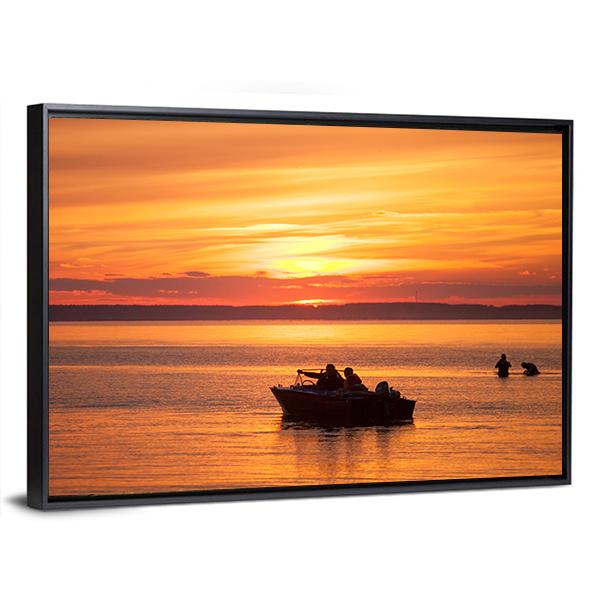 People Sailing In Boat At Sunset Canvas Wall Art-3 Horizontal-Gallery Wrap-25" x 16"-Tiaracle