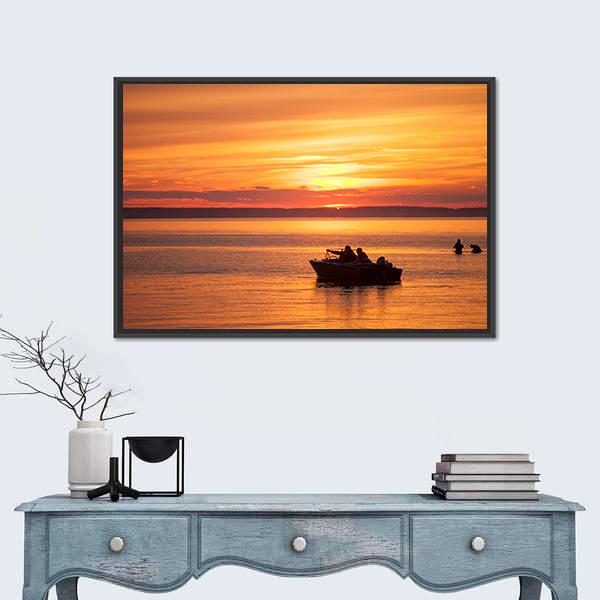 People Sailing In Boat At Sunset Canvas Wall Art-3 Horizontal-Gallery Wrap-25" x 16"-Tiaracle