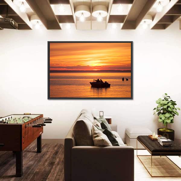 People Sailing In Boat At Sunset Canvas Wall Art-3 Horizontal-Gallery Wrap-25" x 16"-Tiaracle