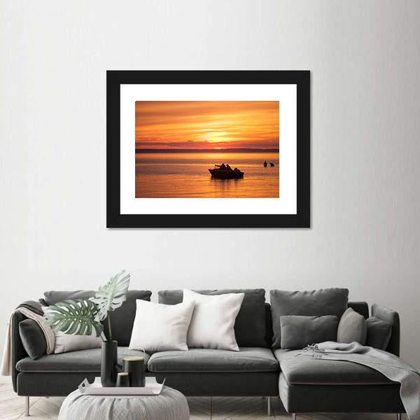 People Sailing In Boat At Sunset Canvas Wall Art-3 Horizontal-Gallery Wrap-25" x 16"-Tiaracle