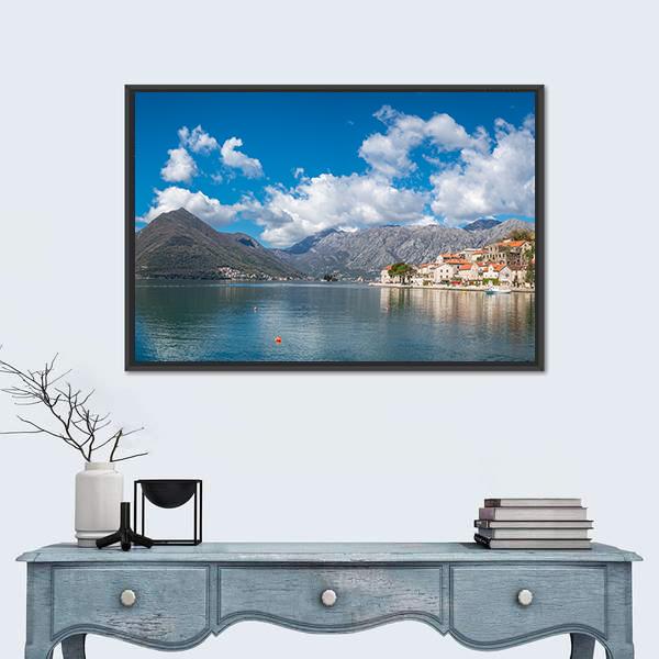 Perast Town in Kotor Bay Canvas Wall Art in white, gray and blue, framed canvas, product view on a white background