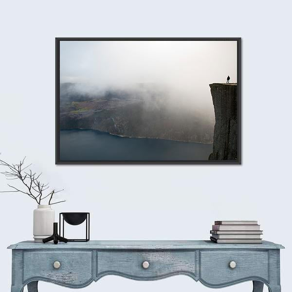 Person Standing On Preikestolen Canvas Wall Art-1 Piece-Floating Frame-24" x 16"-Tiaracle