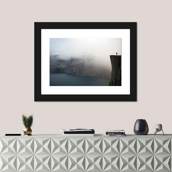 Person Standing On Preikestolen Canvas Wall Art-1 Piece-Framed Print-20" x 16"-Tiaracle