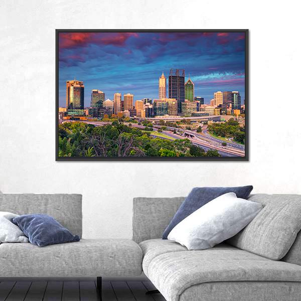 Perth Skyline During Sunset Canvas Wall Art-3 Horizontal-Gallery Wrap-25" x 16"-Tiaracle