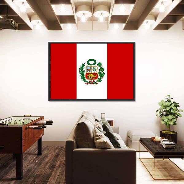 Peruvian Flag With National Emblem Canvas Wall Art-1 Piece-Floating Frame-24" x 16"-Tiaracle