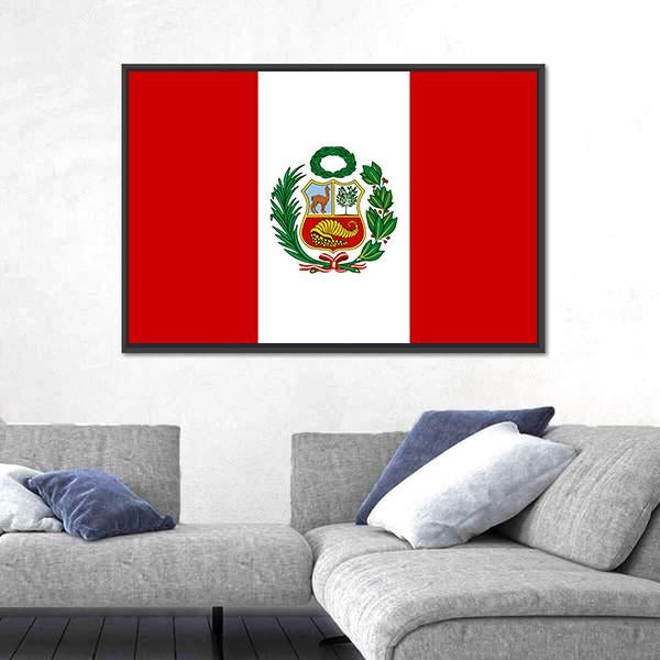 Peruvian Flag With National Emblem Canvas Wall Art-5 Horizontal-Gallery Wrap-22" x 12"-Tiaracle