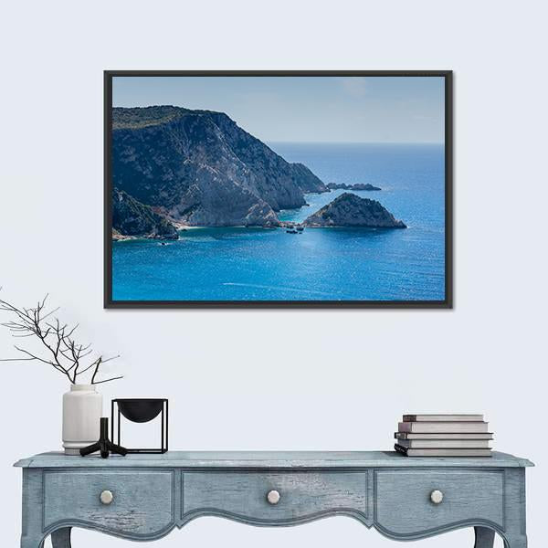 Petani Beach And Kefalonia Ionian Islands Canvas Wall Art-1 Piece-Floating Frame-24" x 16"-Tiaracle