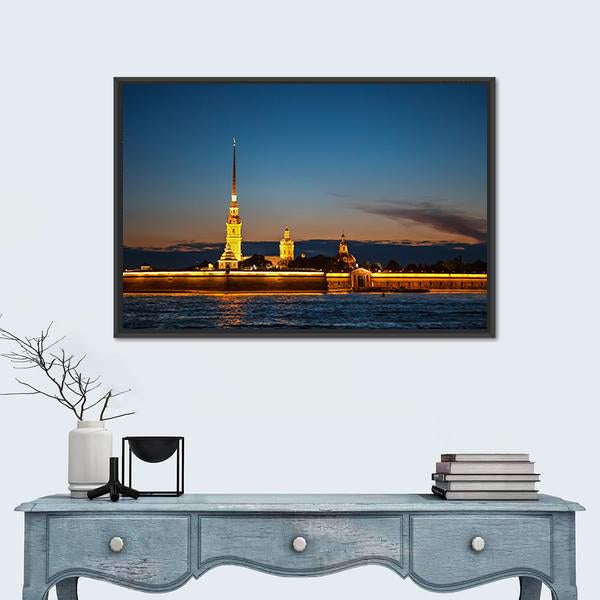 Peter And Paul Fortress On The Hare Island At Night Canvas Wall Art-1 Piece-Floating Frame-24" x 16"-Tiaracle