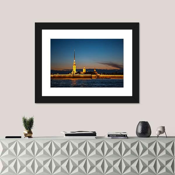 Peter And Paul Fortress On The Hare Island At Night Canvas Wall Art-1 Piece-Framed Print-20" x 16"-Tiaracle