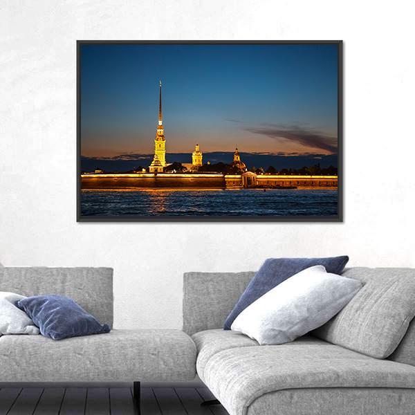 Peter And Paul Fortress On The Hare Island At Night Canvas Wall Art-3 Horizontal-Gallery Wrap-25" x 16"-Tiaracle