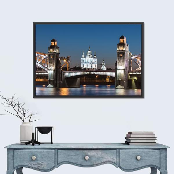 Peter The Great Bridge And Smolny Cathedral Canvas Wall Art-1 Piece-Floating Frame-24" x 16"-Tiaracle
