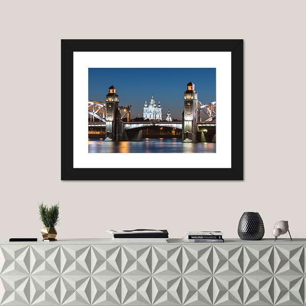 Peter The Great Bridge And Smolny Cathedral Canvas Wall Art-1 Piece-Framed Print-20" x 16"-Tiaracle