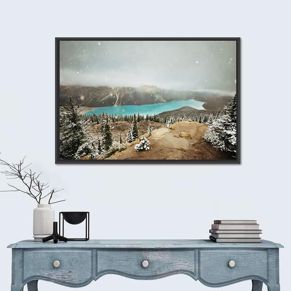 Peyto Lake In Winter With Snow Canvas Wall Art-1 Piece-Floating Frame-24" x 16"-Tiaracle