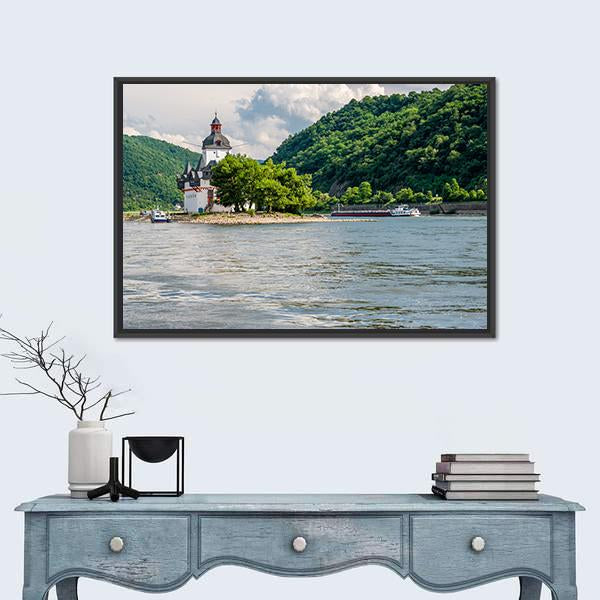 Pfalzgrafenstein Castle At Rhine Valley Canvas Wall Art-1 Piece-Floating Frame-24" x 16"-Tiaracle