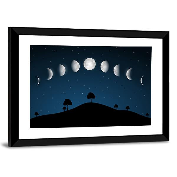 Phases Of Moon With Night Landscape Canvas Wall Art-1 Piece-Framed Print-30" x 20"-Tiaracle