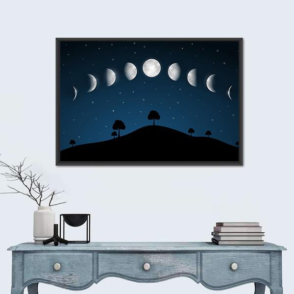 Phases Of Moon With Night Landscape Canvas Wall Art-5 Horizontal-Gallery Wrap-22" x 12"-Tiaracle