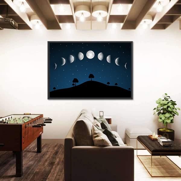 Phases Of Moon With Night Landscape Canvas Wall Art-5 Horizontal-Gallery Wrap-22" x 12"-Tiaracle