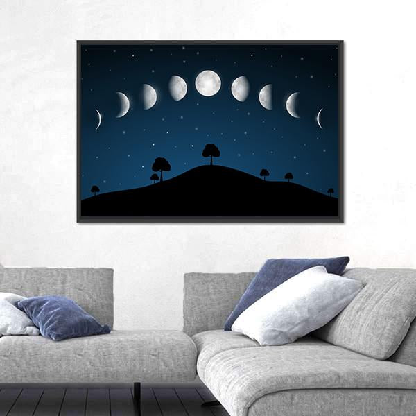 Phases Of Moon With Night Landscape Canvas Wall Art-5 Horizontal-Gallery Wrap-22" x 12"-Tiaracle