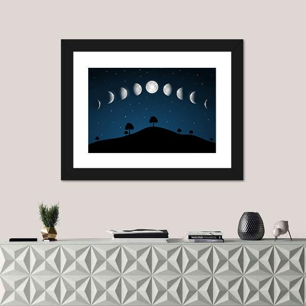Phases Of Moon With Night Landscape Canvas Wall Art-5 Horizontal-Gallery Wrap-22" x 12"-Tiaracle
