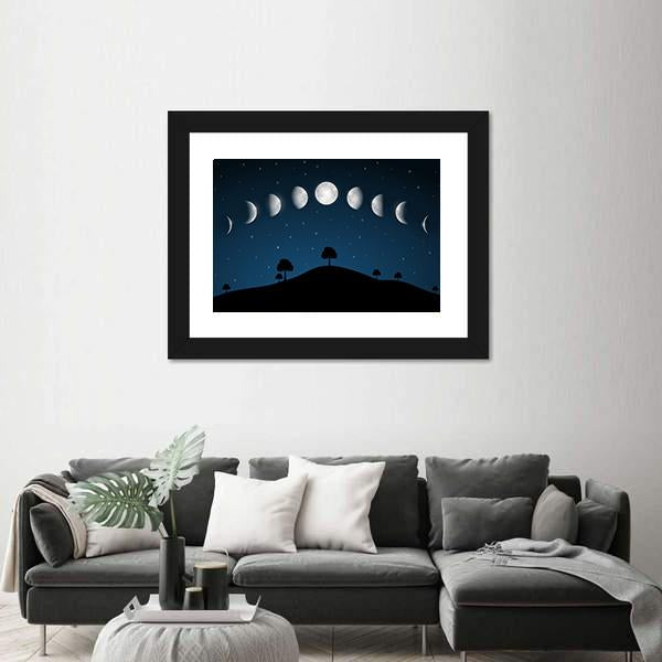 Phases Of Moon With Night Landscape Canvas Wall Art-5 Horizontal-Gallery Wrap-22" x 12"-Tiaracle