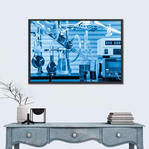Physical Chemistry Lab Equipment Canvas Wall Art in white and blue, framed canvas, product view on a white background