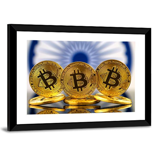 Three Golden Bitcoin Coins with Indian Flag Canvas Wall Art in white, gold and blue, framed print, product view on a white background