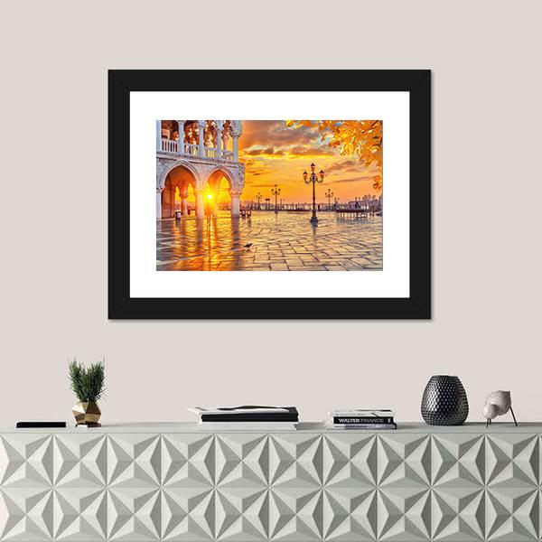 Piazza San Marco At Sunrise Time Canvas Wall Art-1 Piece-Framed Print-20" x 16"-Tiaracle