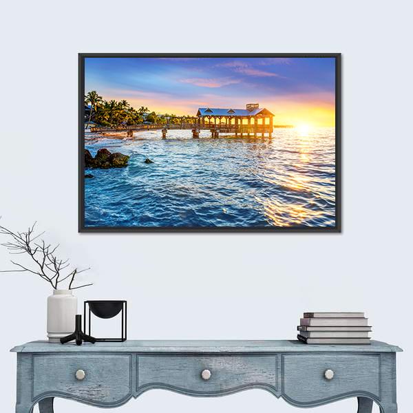 Pier At The Beach In Key West Florida USA Canvas Wall Art-1 Piece-Floating Frame-24" x 16"-Tiaracle