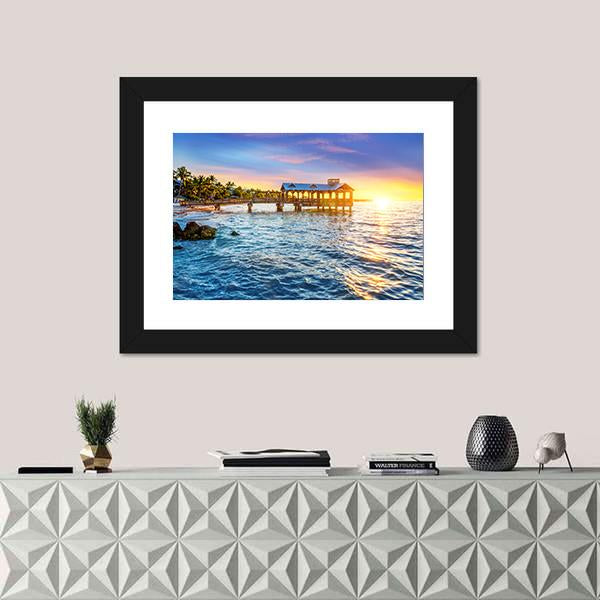 Pier At The Beach In Key West Florida USA Canvas Wall Art-1 Piece-Framed Print-20" x 16"-Tiaracle
