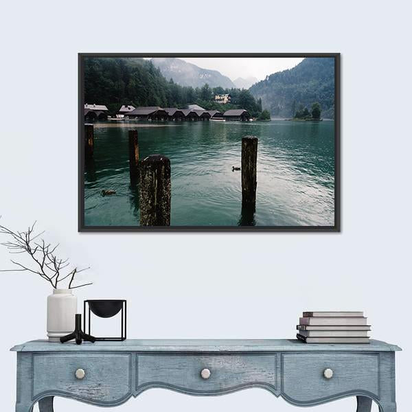 Pier In Konigssee Lake A Summer Day Canvas Wall Art-1 Piece-Floating Frame-24" x 16"-Tiaracle