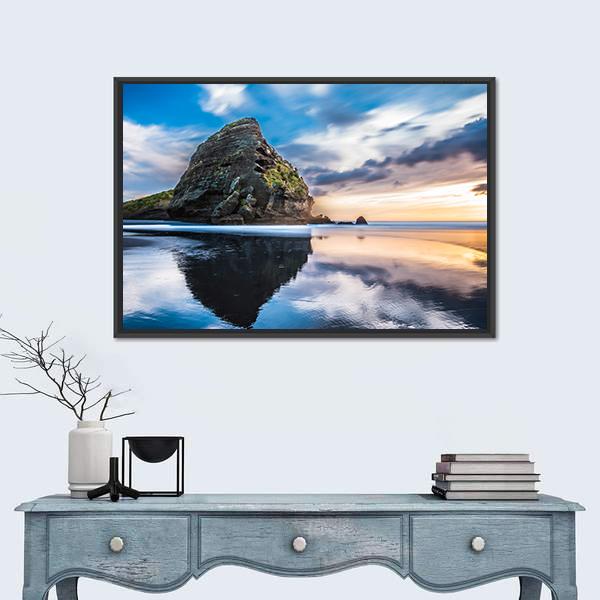 Piha Beach At Sunset In Auckland Canvas Wall Art-1 Piece-Floating Frame-24" x 16"-Tiaracle
