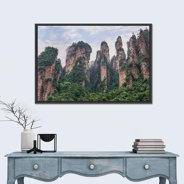 Pillars Of Zhangjiajie Under Cloudy Sky Canvas Wall Art-1 Piece-Floating Frame-24" x 16"-Tiaracle