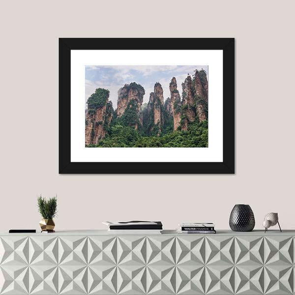 Pillars Of Zhangjiajie Under Cloudy Sky Canvas Wall Art-1 Piece-Framed Print-20" x 16"-Tiaracle
